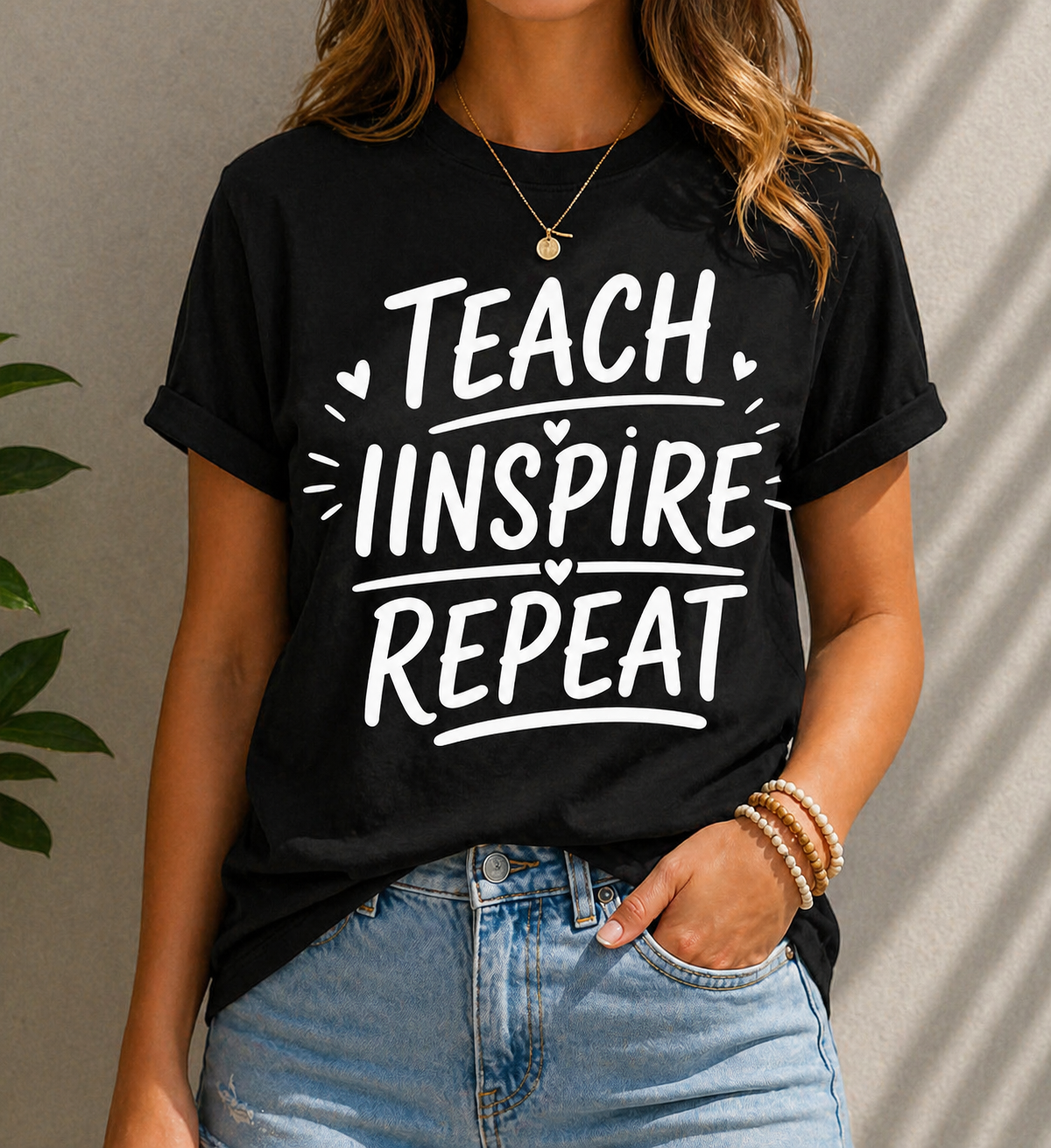 Teach Inspire Repeat Teacher Vinyl T-Shirt | Inspirational Teacher Tee