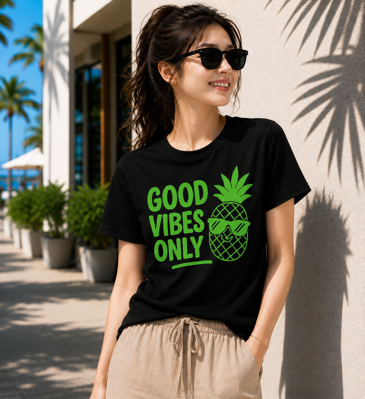 Good Vibes Only Pineapple Vinyl T-Shirt | Funny Summer Vacation Tee