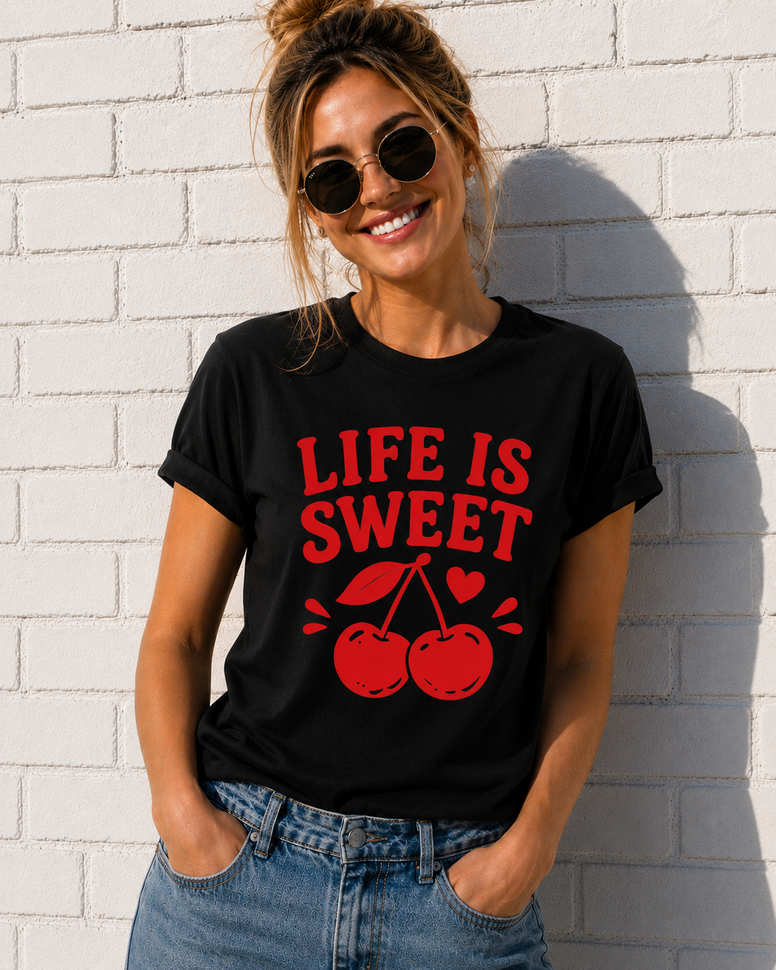 Life Is Sweet Cherry Vinyl T-Shirt | Cute Retro Fruit Summer Tee