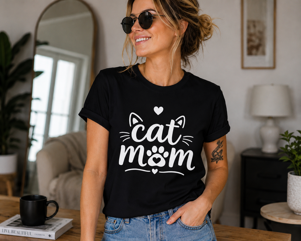 Cat Mom T-Shirt | Cute Cat Lover Vinyl Tee | Paw Print Kitty Mom Gift Shirt