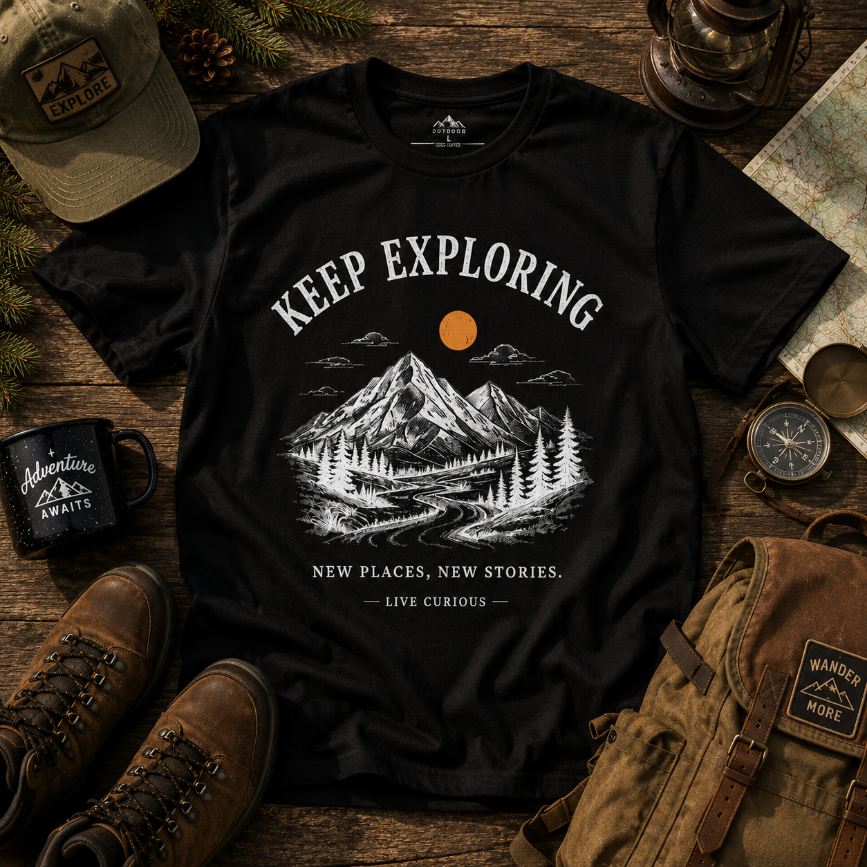 Keep Exploring Mountain Graphic T-Shirt | Vintage Outdoor Adventure Tee | Unisex Nature Shirt