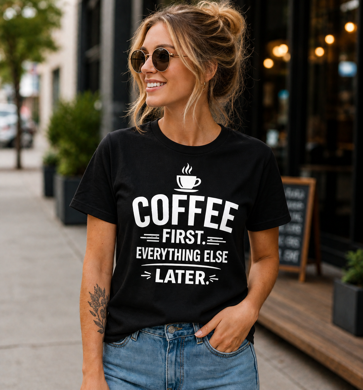 Coffee First Everything Else Later Vinyl T-Shirt for Coffee Lovers