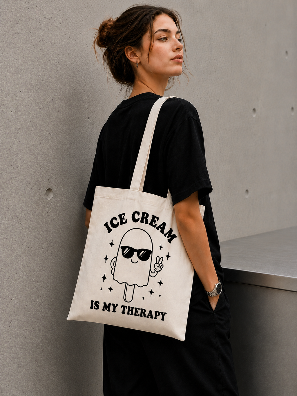 Ice Cream Is My Therapy Canvas Tote Bag – Cute Aesthetic Reusable Shoulder Bag