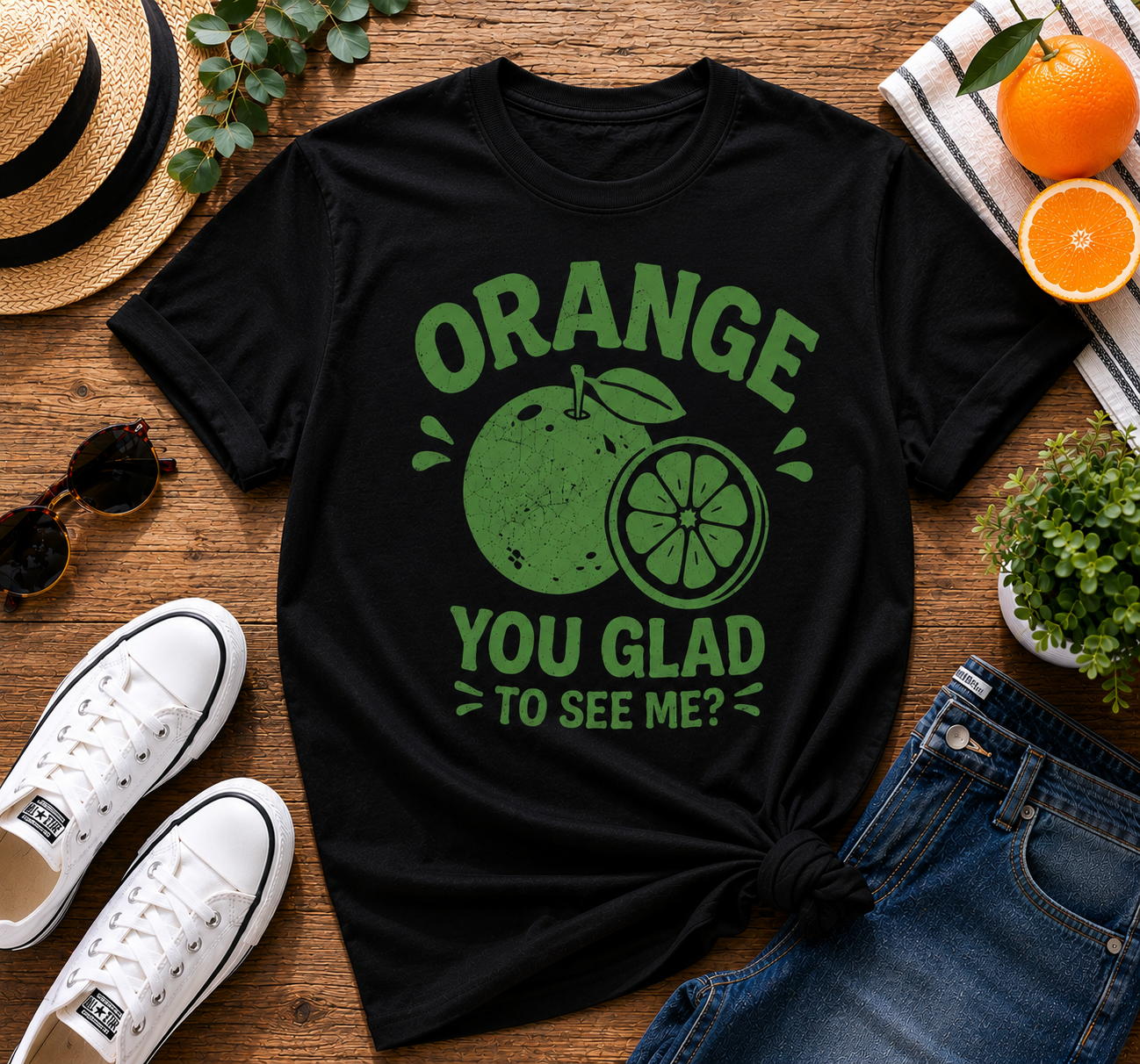 Orange You Glad To See Me Funny Vinyl T-Shirt | Cute Citrus Pun Tee