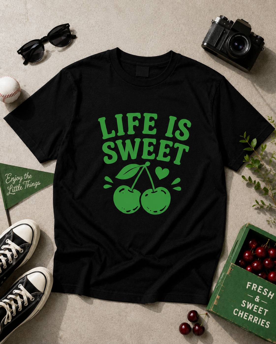Life Is Sweet Cherry Vinyl T-Shirt | Cute Retro Fruit Summer Tee