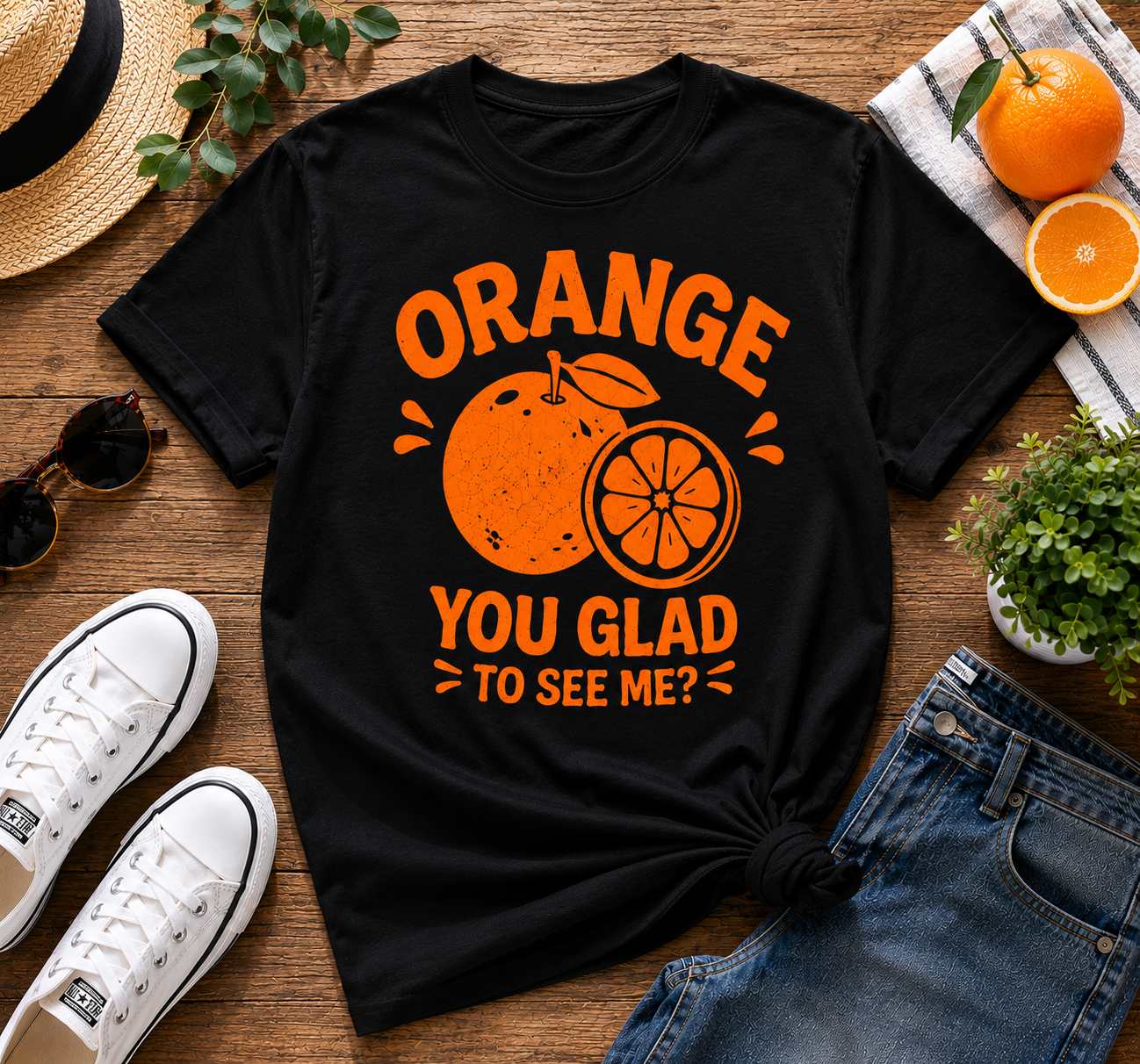 Orange You Glad To See Me Funny Vinyl T-Shirt | Cute Citrus Pun Tee