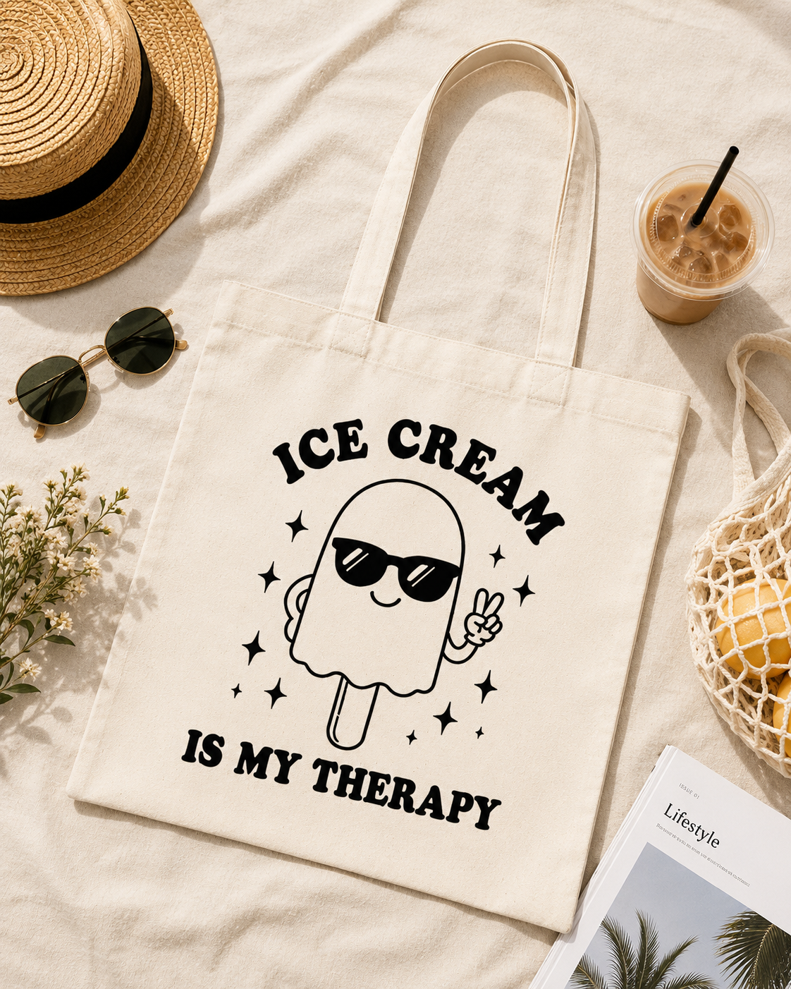 Ice Cream Is My Therapy Canvas Tote Bag – Cute Aesthetic Reusable Shoulder Bag