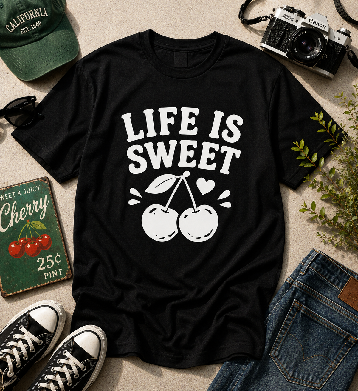Life Is Sweet Cherry Vinyl T-Shirt | Cute Retro Fruit Summer Tee
