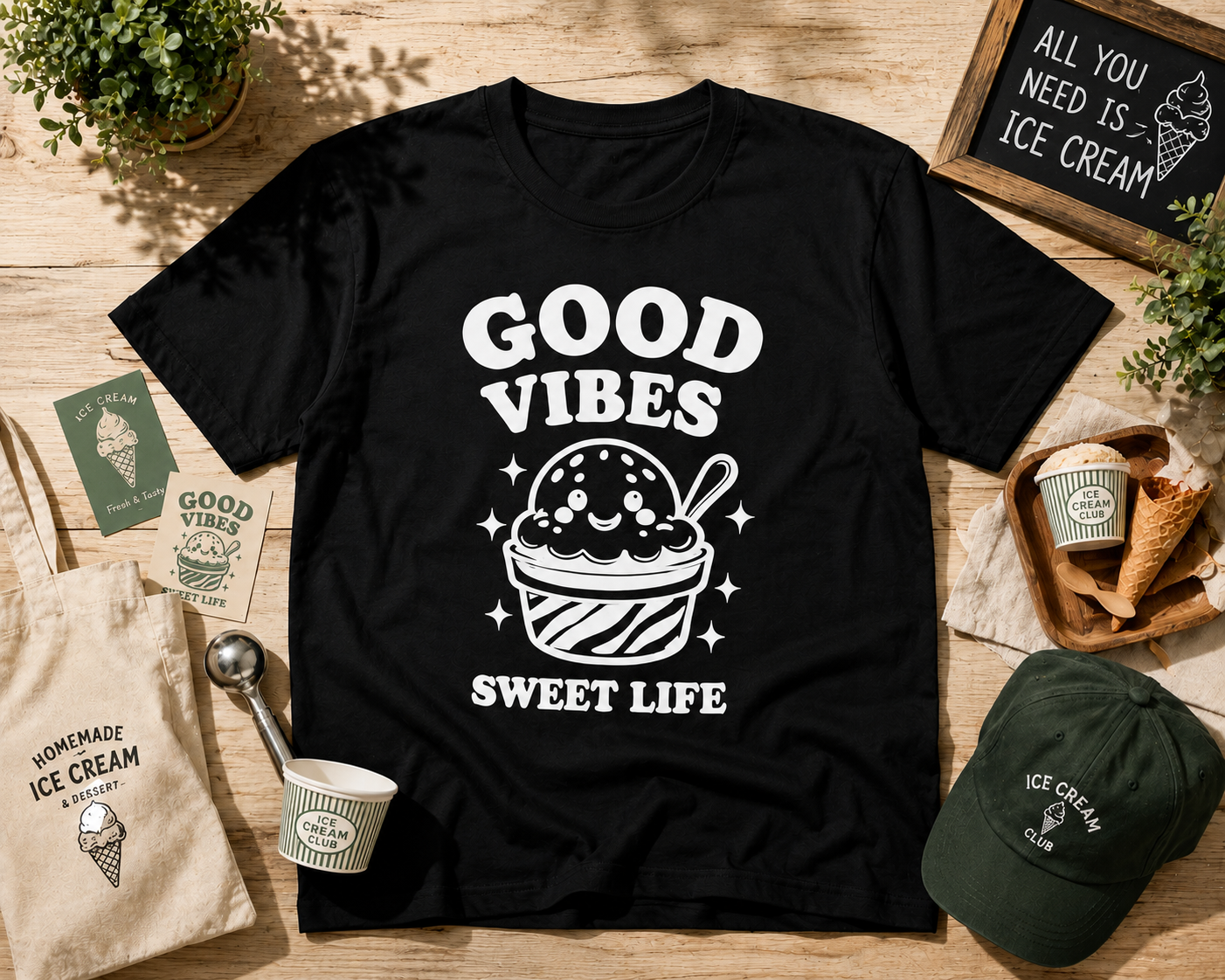 Good Vibes Sweet Life Ice Cream Vinyl Tee | Cute Retro Summer Shirt
