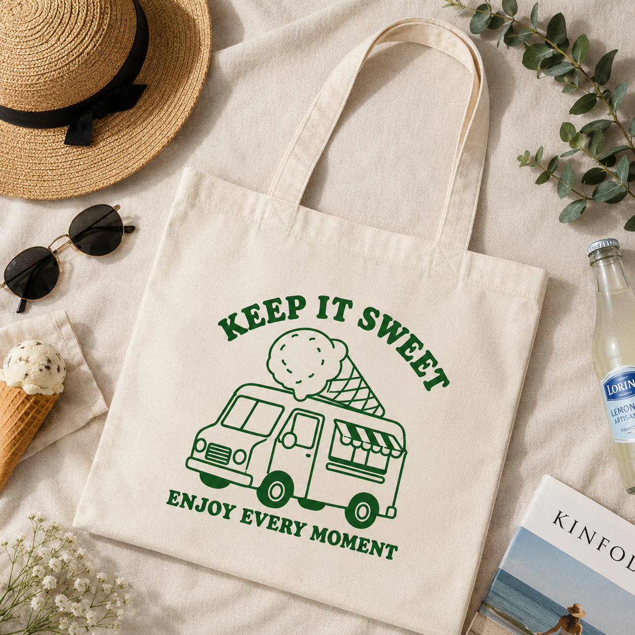 Keep It Sweet Ice Cream Truck Canvas Tote Bag – Cute Summer Aesthetic Bag