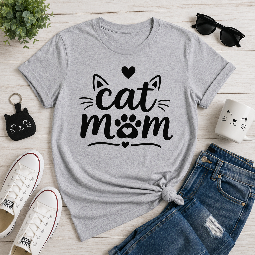Cat Mom T-Shirt | Cute Cat Lover Vinyl Tee | Paw Print Kitty Mom Gift Shirt