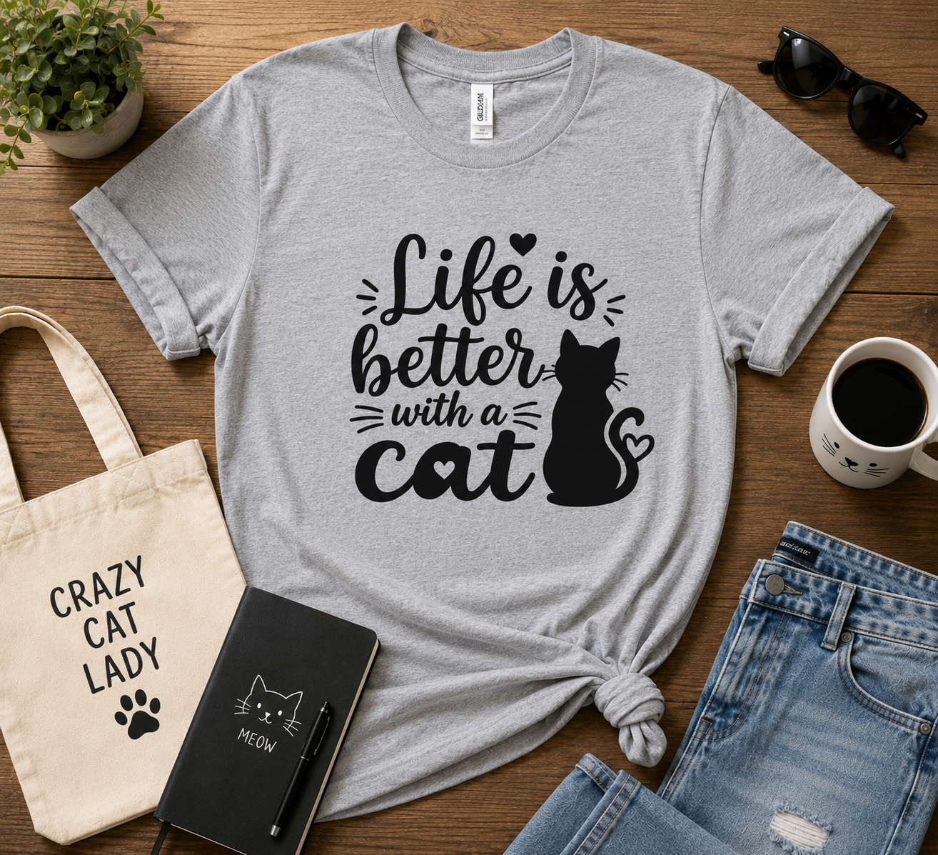 Life Is Better With A Cat T-Shirt | Cute Cat Lover Vinyl Tee | Funny Cat Mom Gift Shirt