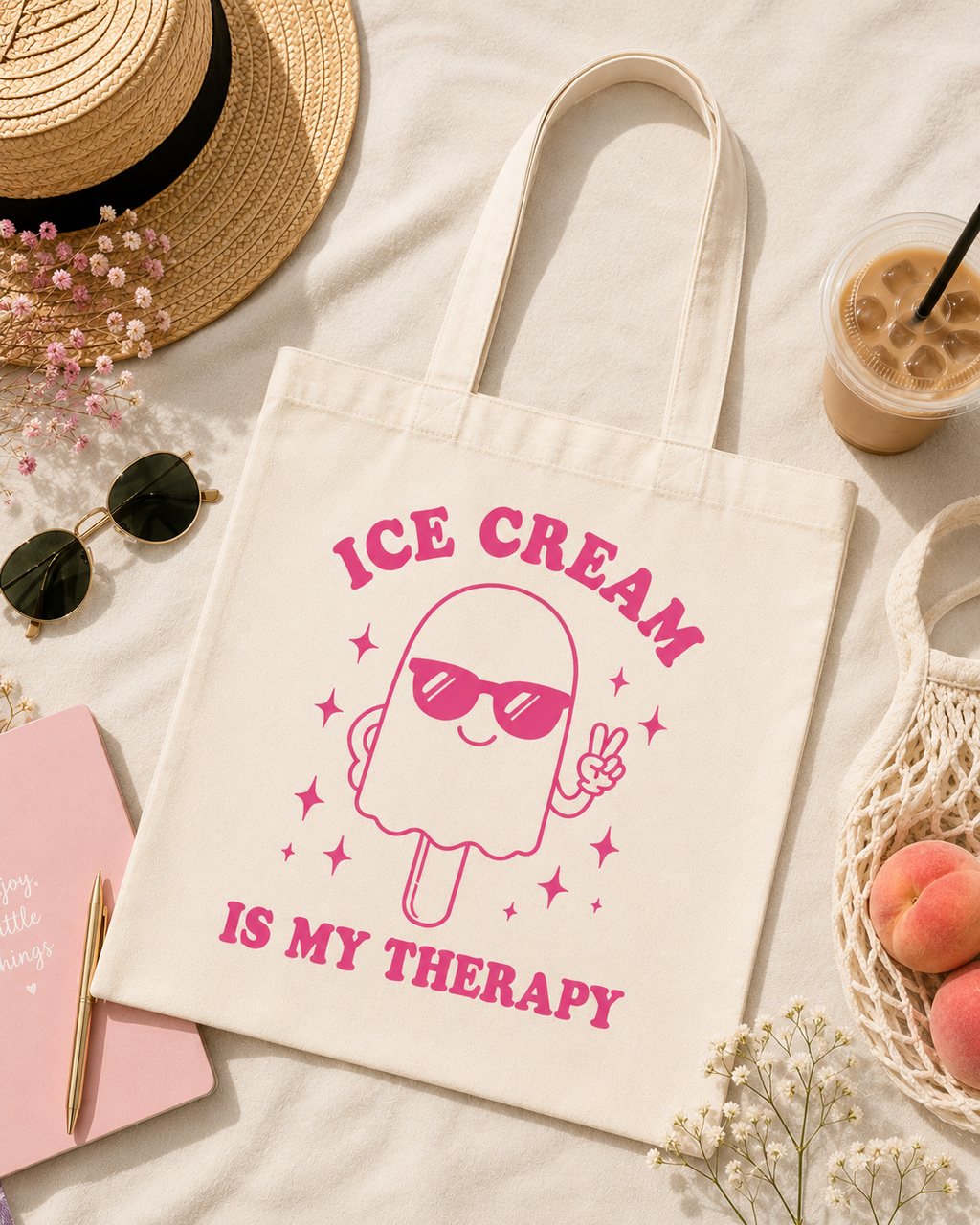 Ice Cream Is My Therapy Canvas Tote Bag – Cute Aesthetic Reusable Shoulder Bag