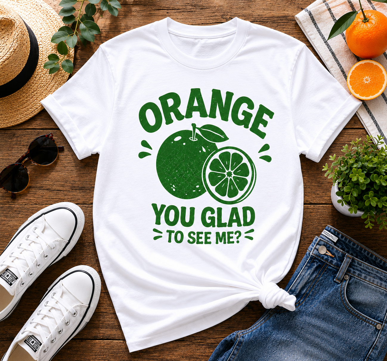 Orange You Glad To See Me Funny Vinyl T-Shirt | Cute Citrus Pun Tee