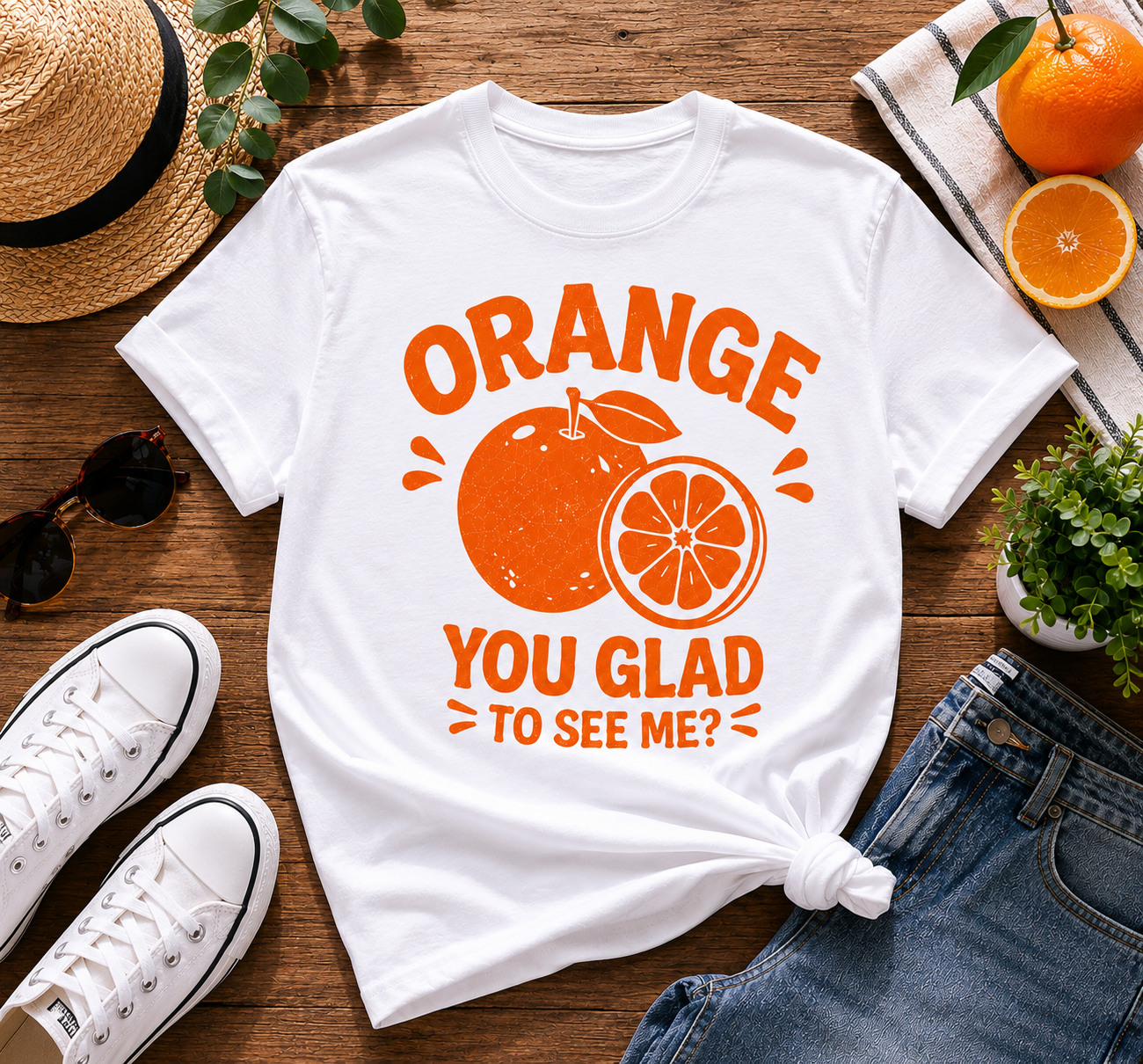 Orange You Glad To See Me Funny Vinyl T-Shirt | Cute Citrus Pun Tee