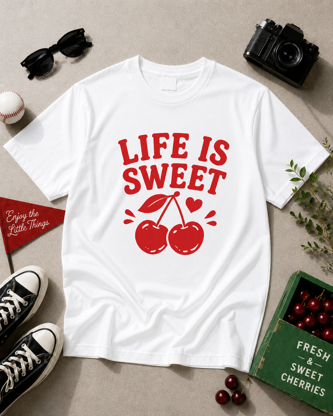 Life Is Sweet Cherry Vinyl T-Shirt | Cute Retro Fruit Summer Tee
