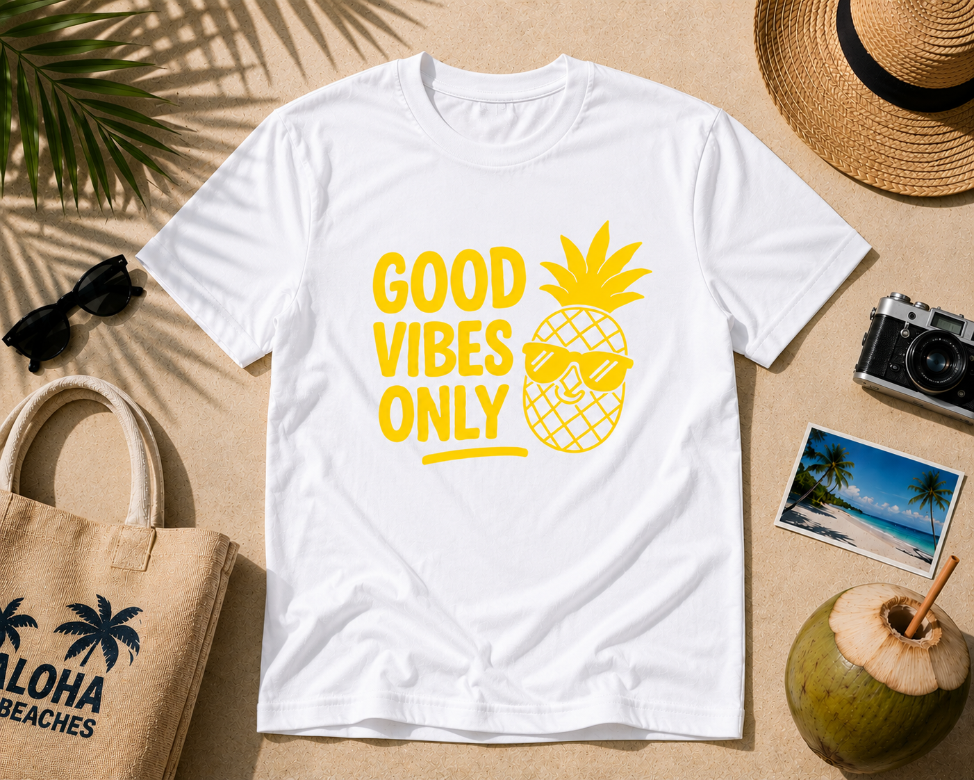 Good Vibes Only Pineapple Vinyl T-Shirt | Funny Summer Vacation Tee