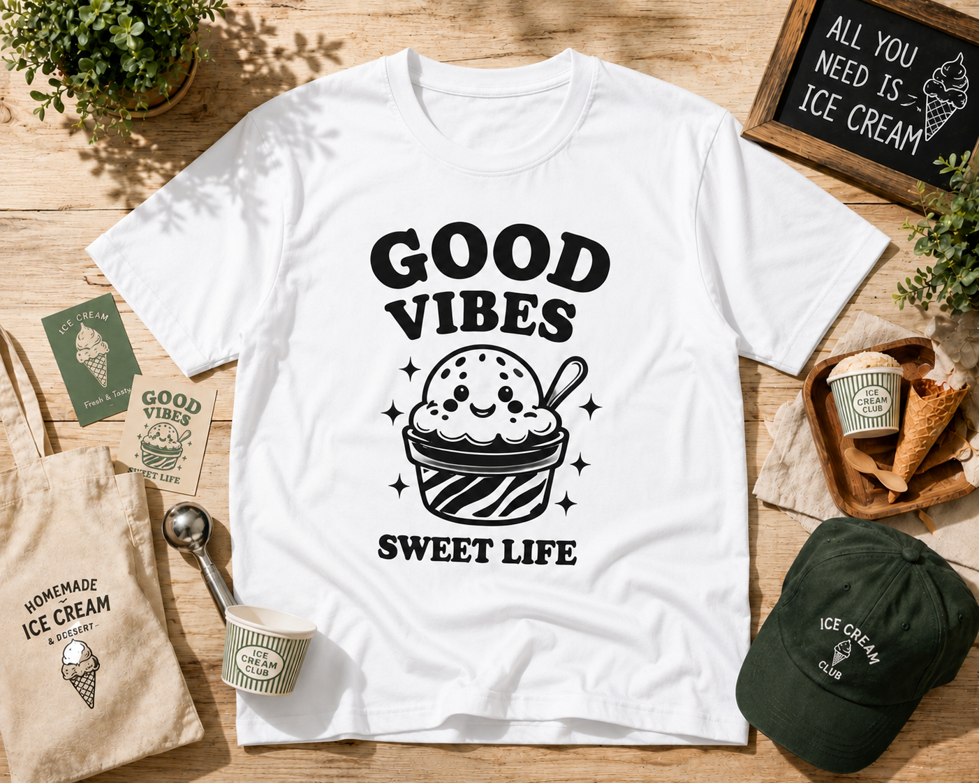 Good Vibes Sweet Life Ice Cream Vinyl Tee | Cute Retro Summer Shirt