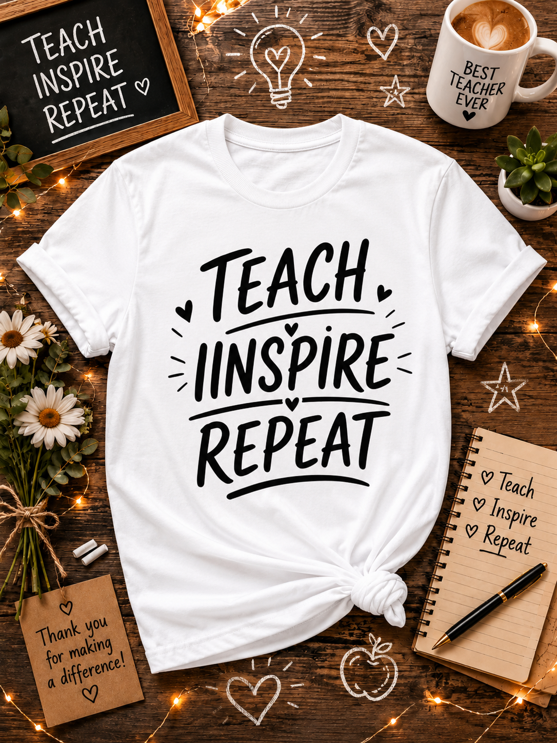 Teach Inspire Repeat Teacher Vinyl T-Shirt | Inspirational Teacher Tee