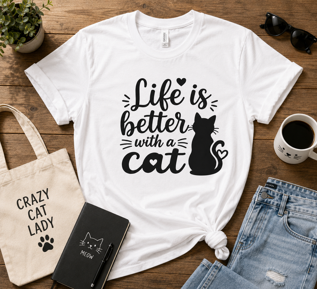 Life Is Better With A Cat T-Shirt | Cute Cat Lover Vinyl Tee | Funny Cat Mom Gift Shirt