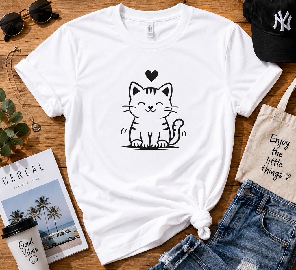 Cute Happy Cat T-Shirt | Minimalist Cat Lover Vinyl Tee | Cat Mom Gift | Kawaii Kitty Shirt