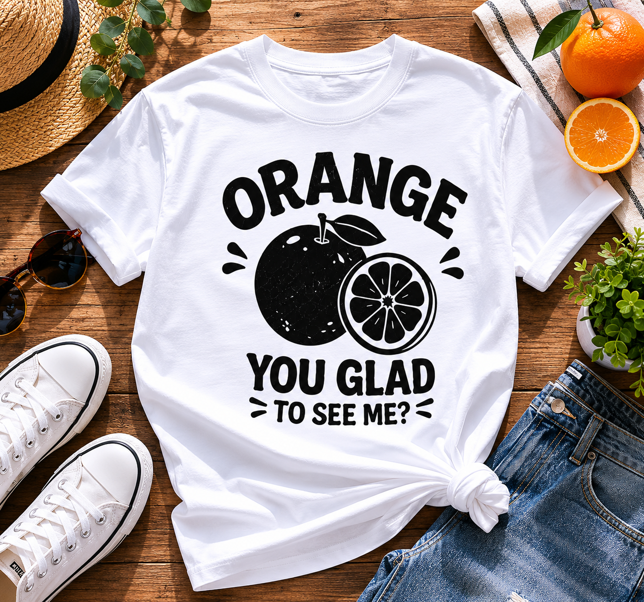 Orange You Glad To See Me Funny Vinyl T-Shirt | Cute Citrus Pun Tee