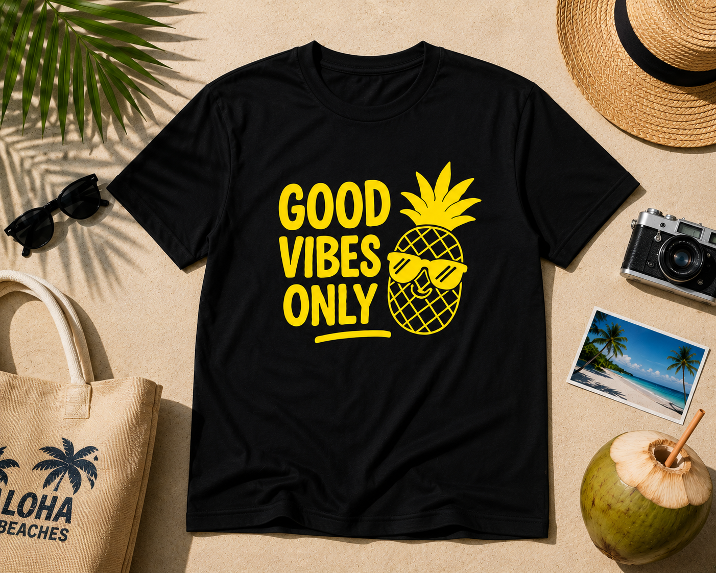 Good Vibes Only Pineapple Vinyl T-Shirt | Funny Summer Vacation Tee