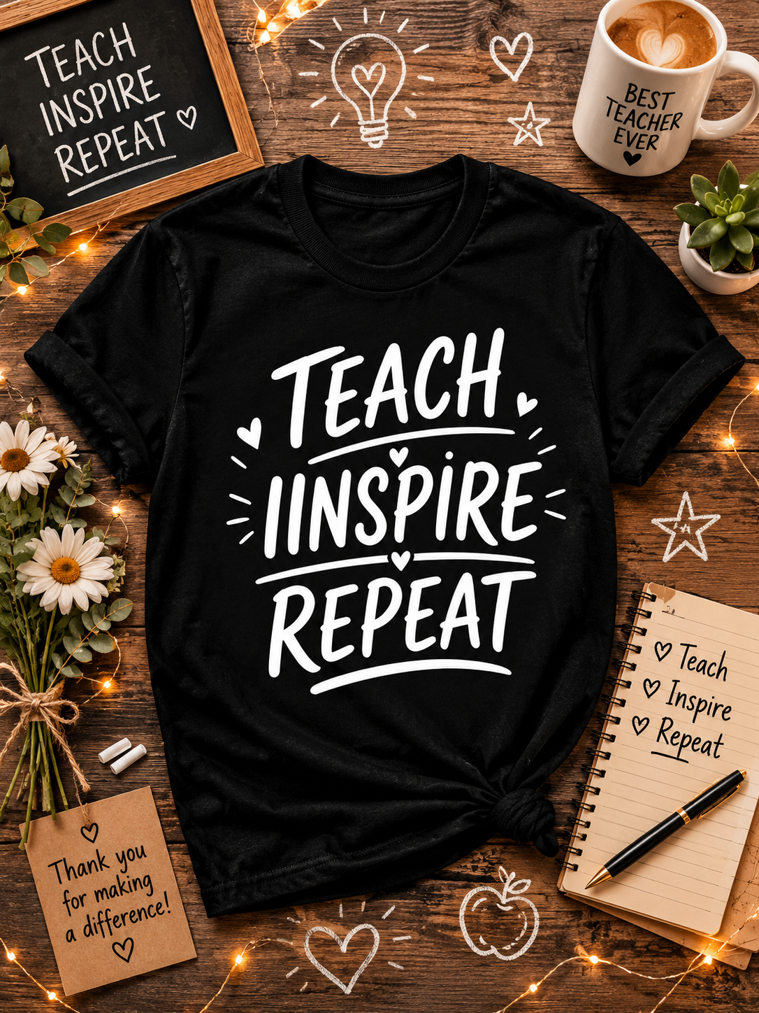 Teach Inspire Repeat Teacher Vinyl T-Shirt | Inspirational Teacher Tee