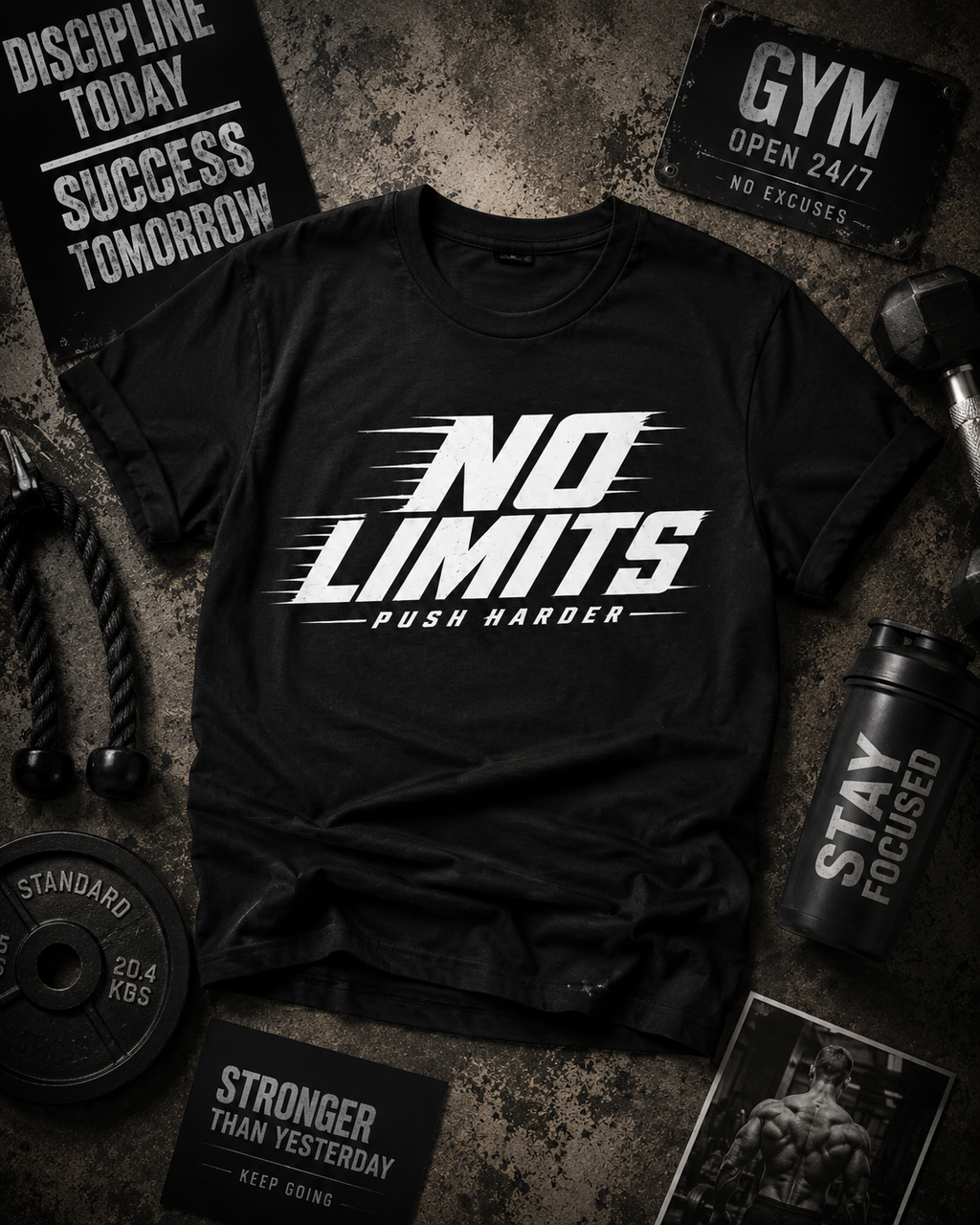 No Limits Push Harder Motivational Gym T-Shirt