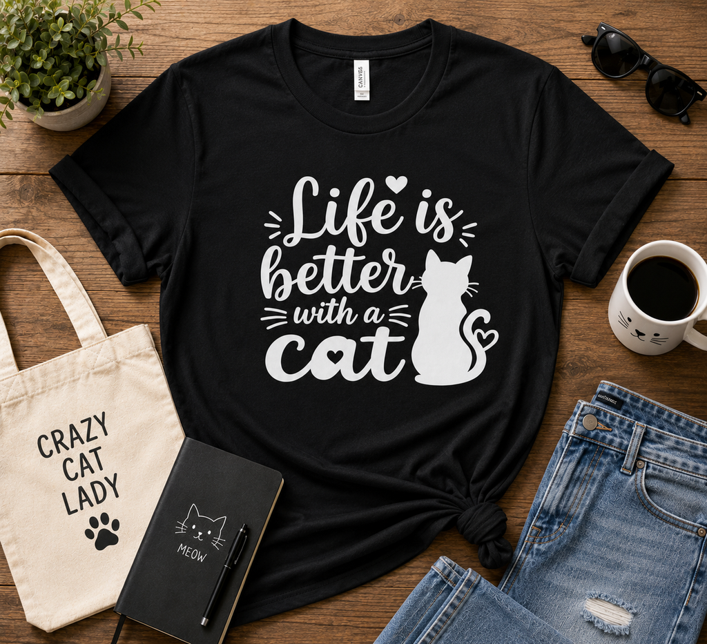 Life Is Better With A Cat T-Shirt | Cute Cat Lover Vinyl Tee | Funny Cat Mom Gift Shirt