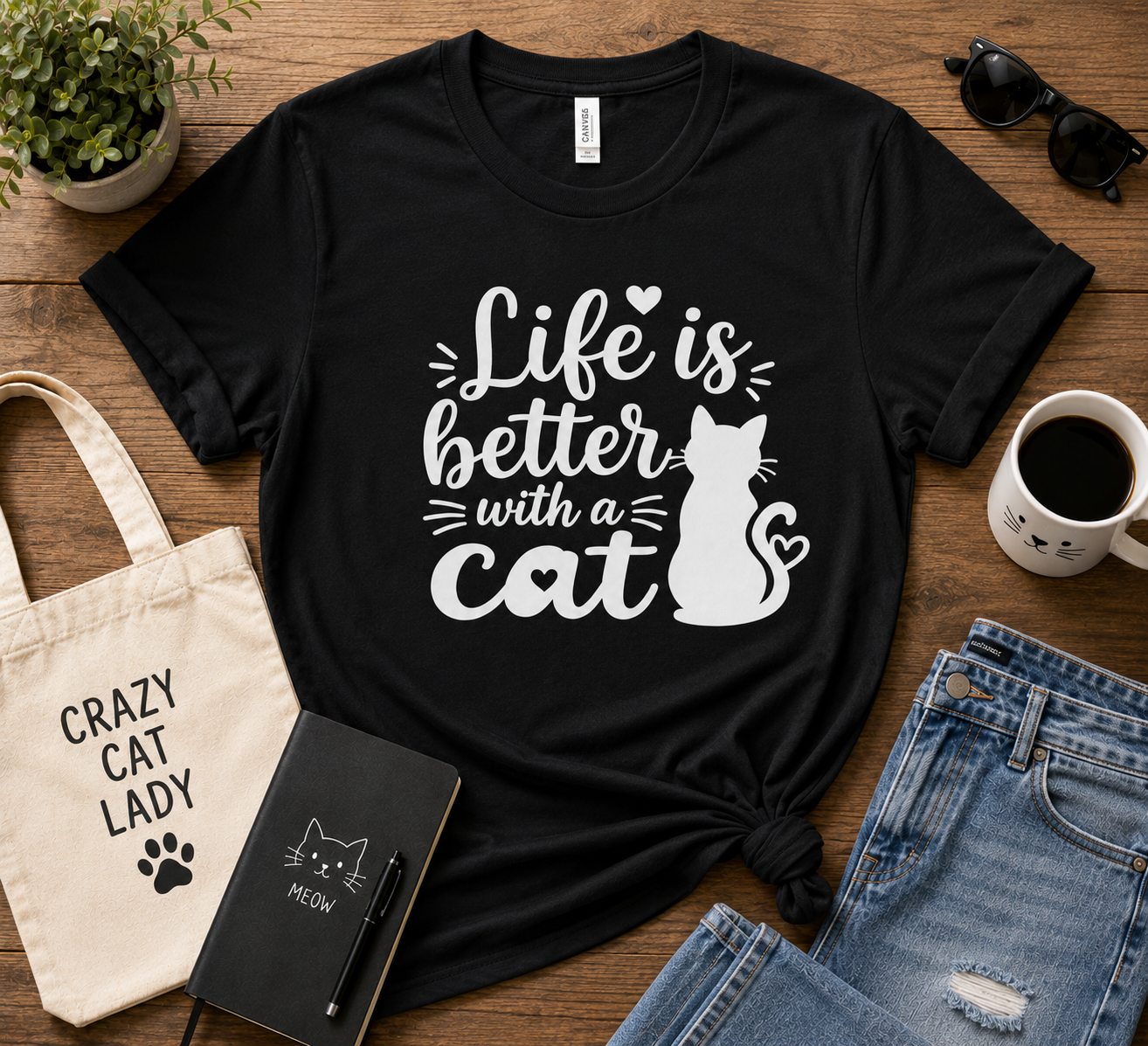 Life Is Better With A Cat T-Shirt | Cute Cat Lover Vinyl Tee | Funny Cat Mom Gift Shirt