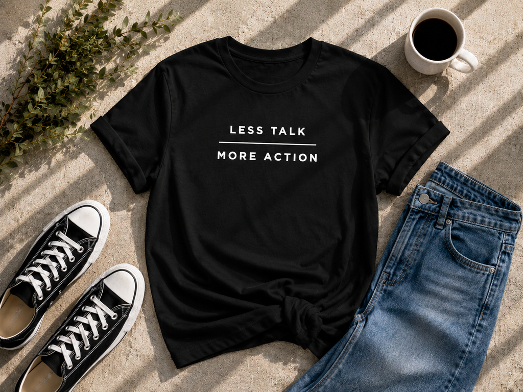 Less Talk More Action Motivational Minimalist Vinyl T-Shirt