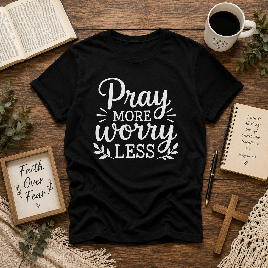 Pray More Worry Less Christian Inspirational Vinyl T-Shirt