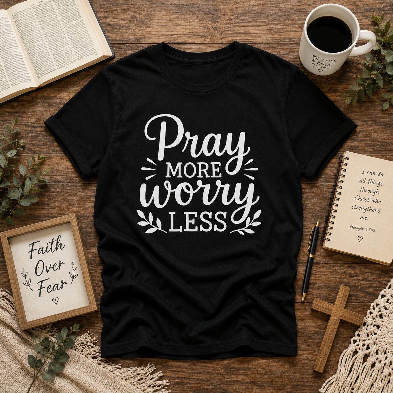 Pray More Worry Less Christian Inspirational Vinyl T-Shirt
