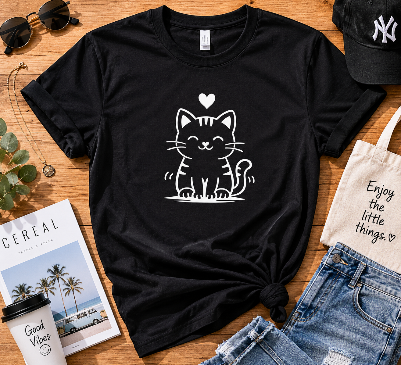 Cute Happy Cat T-Shirt | Minimalist Cat Lover Vinyl Tee | Cat Mom Gift | Kawaii Kitty Shirt