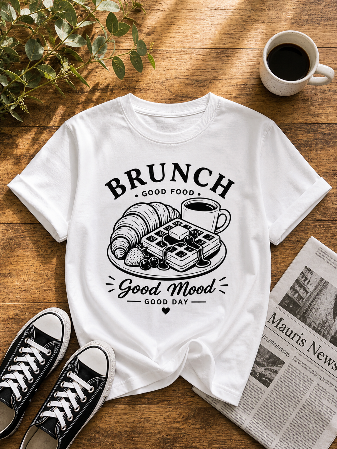 Brunch Good Mood Vinyl T-Shirt – Coffee & Waffle Aesthetic Tee