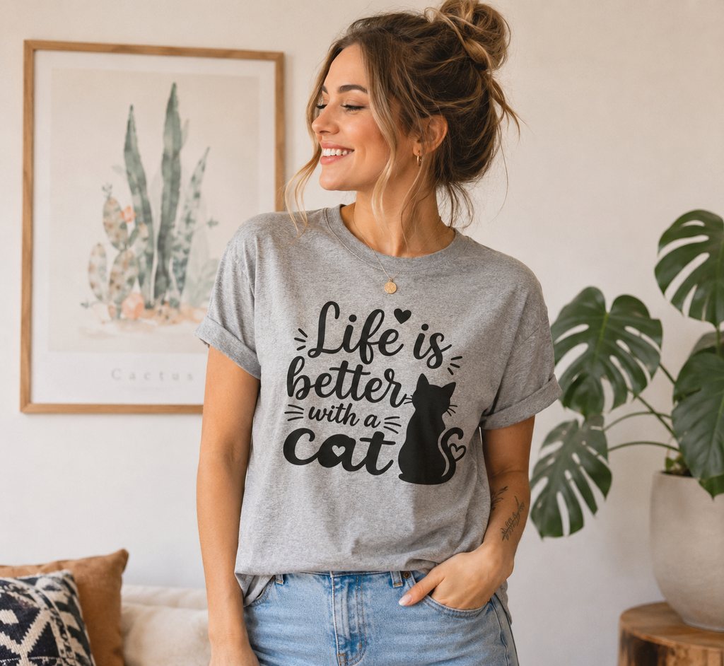 Life Is Better With A Cat T-Shirt | Cute Cat Lover Vinyl Tee | Funny Cat Mom Gift Shirt