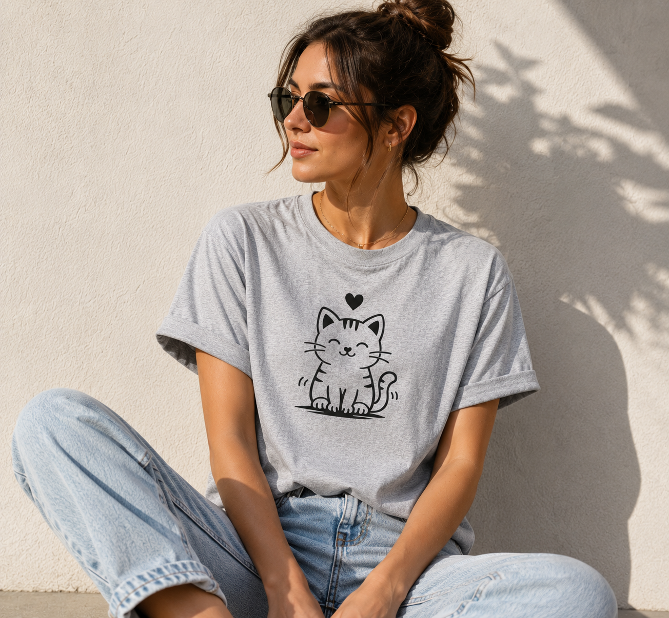 Cute Happy Cat T-Shirt | Minimalist Cat Lover Vinyl Tee | Cat Mom Gift | Kawaii Kitty Shirt