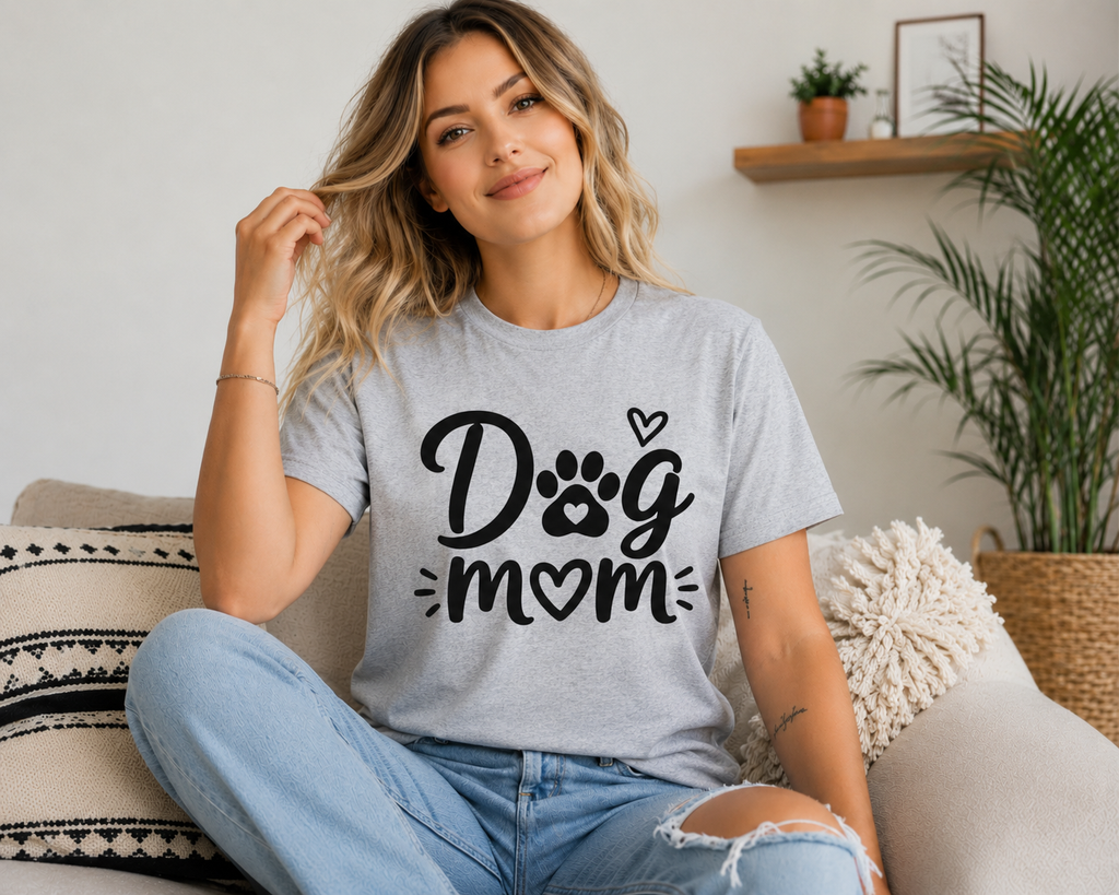 Dog Mom Vinyl T-Shirt | Cute Paw Print Dog Lover Tee | Pet Mom Gift Shirt