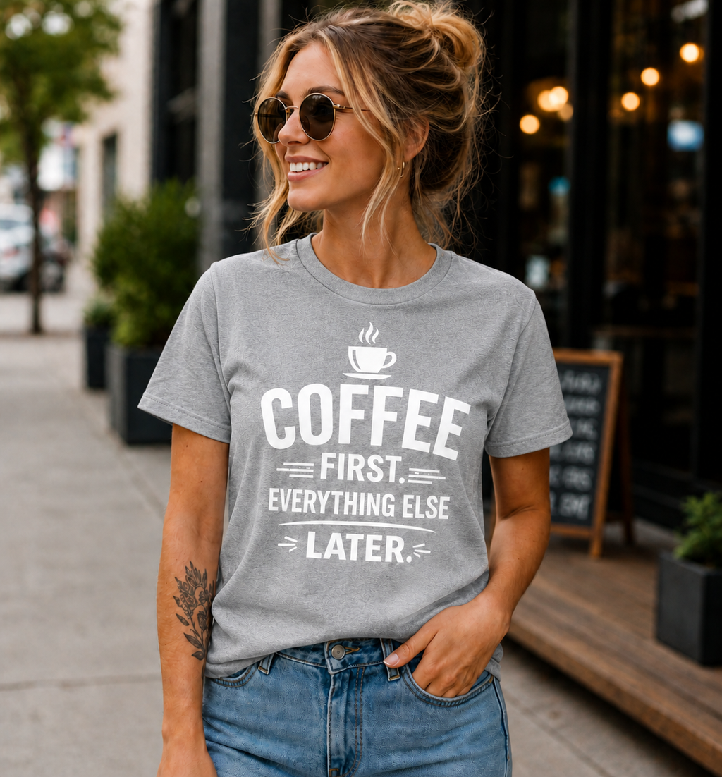 Coffee First Everything Else Later Vinyl T-Shirt for Coffee Lovers