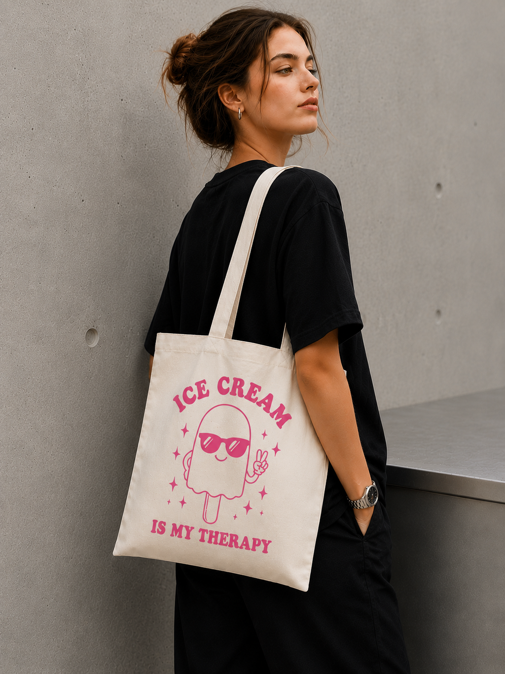 Ice Cream Is My Therapy Canvas Tote Bag – Cute Aesthetic Reusable Shoulder Bag