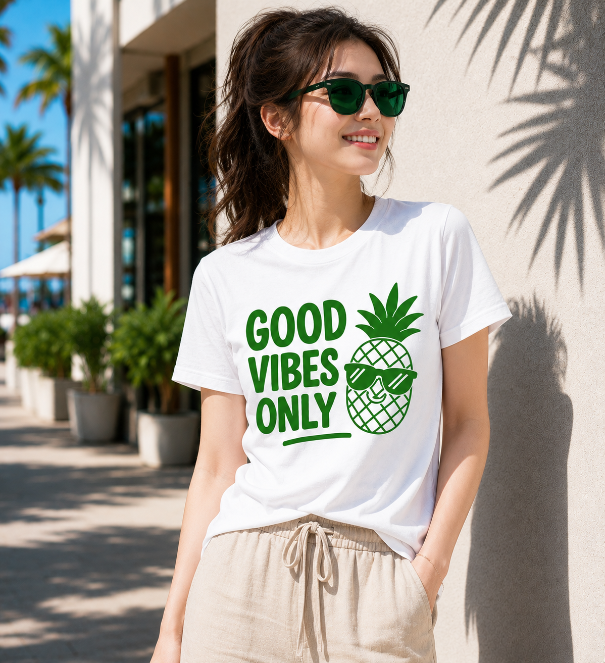 Good Vibes Only Pineapple Vinyl T-Shirt | Funny Summer Vacation Tee