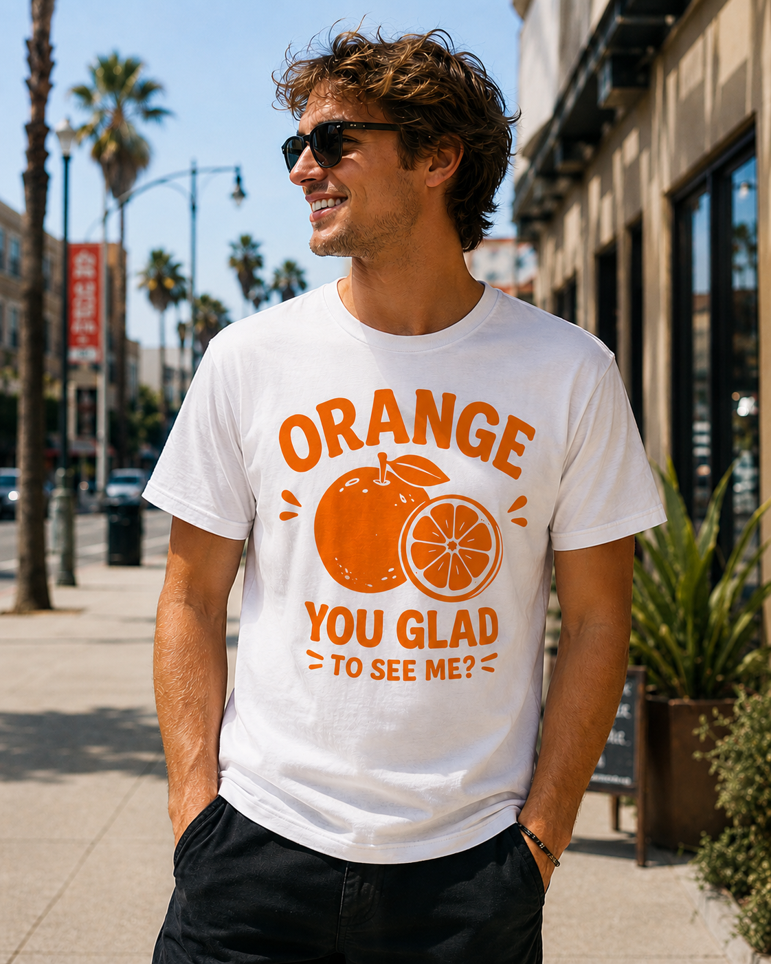 Orange You Glad To See Me Funny Vinyl T-Shirt | Cute Citrus Pun Tee