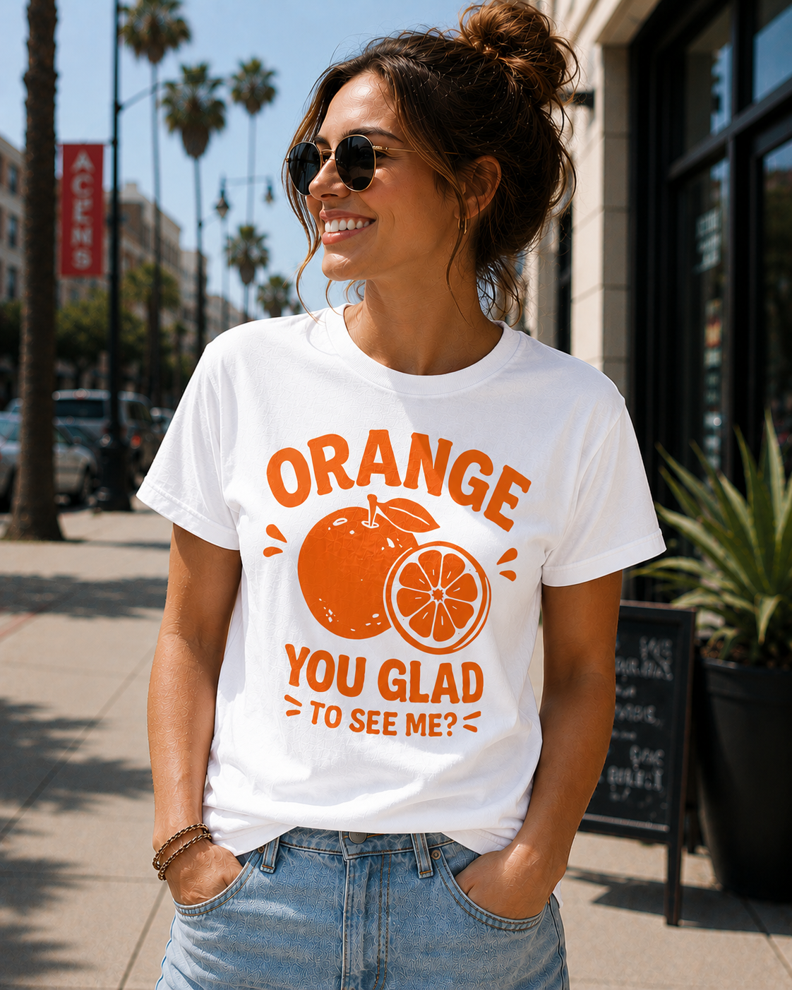 Orange You Glad To See Me Funny Vinyl T-Shirt | Cute Citrus Pun Tee