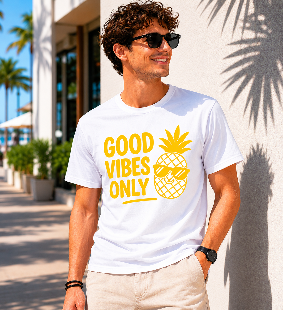 Good Vibes Only Pineapple Vinyl T-Shirt | Funny Summer Vacation Tee