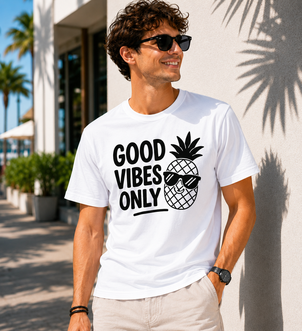 Good Vibes Only Pineapple Vinyl T-Shirt | Funny Summer Vacation Tee