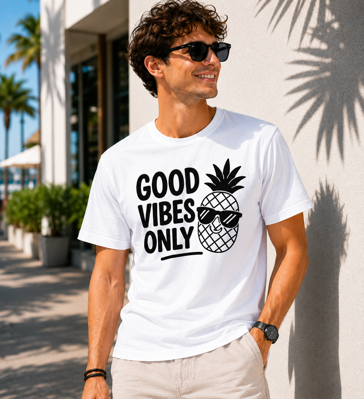 Good Vibes Only Pineapple Vinyl T-Shirt | Funny Summer Vacation Tee
