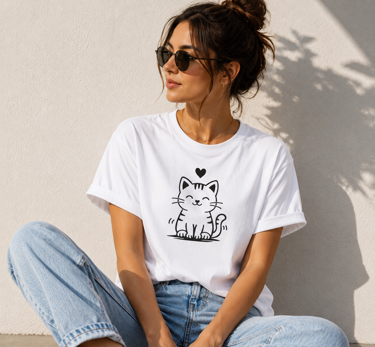 Cute Happy Cat T-Shirt | Minimalist Cat Lover Vinyl Tee | Cat Mom Gift | Kawaii Kitty Shirt