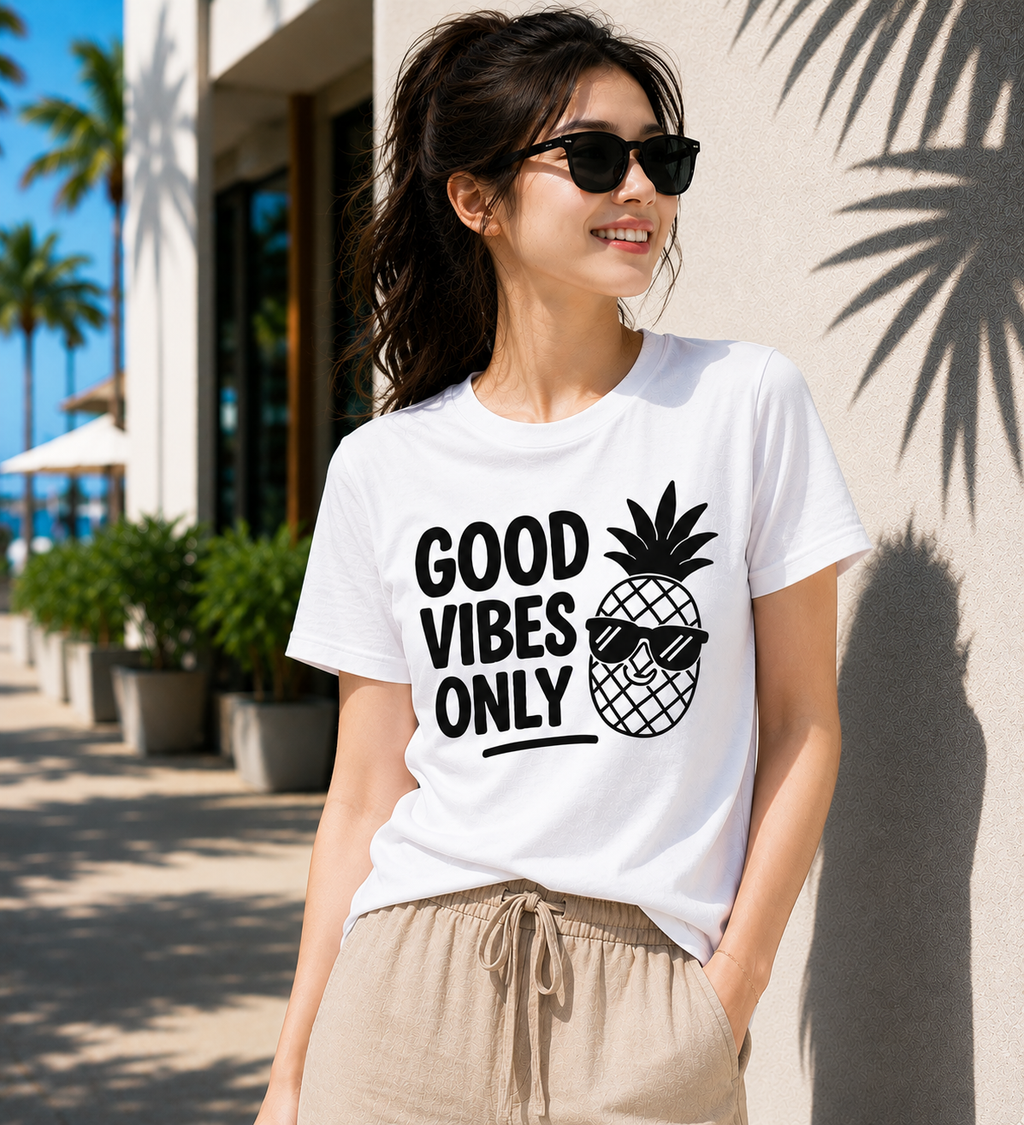 Good Vibes Only Pineapple Vinyl T-Shirt | Funny Summer Vacation Tee