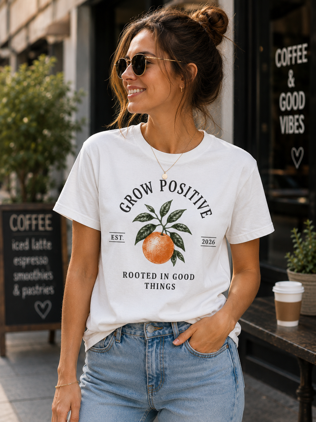 Grow Positive Graphic T-Shirt | Botanical Orange Unisex Tee | Positive Quote Shirt